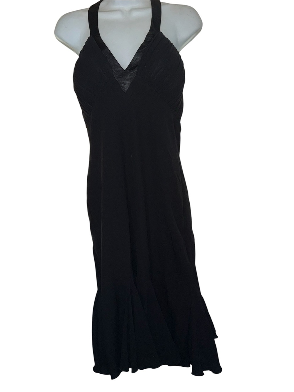 S.L. Fashions Black Halter Evening Dress Petite 12P Satin Trim Midi Formal Dress